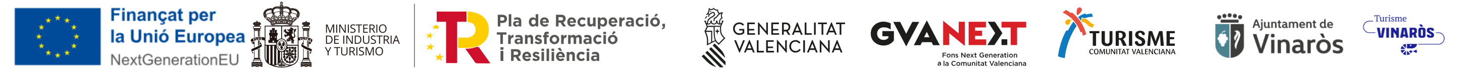 Finançat per la Unió Europea · NextGenerationEU · Ministeri d'Indústria i Turisme · Pla de Recuperació, Transformació i Resiliència · Generalitat Valenciana · GVA Next · Turisme Comunitat Valenciana · Ajuntament de Vinaròs · Turisme Vinaròs